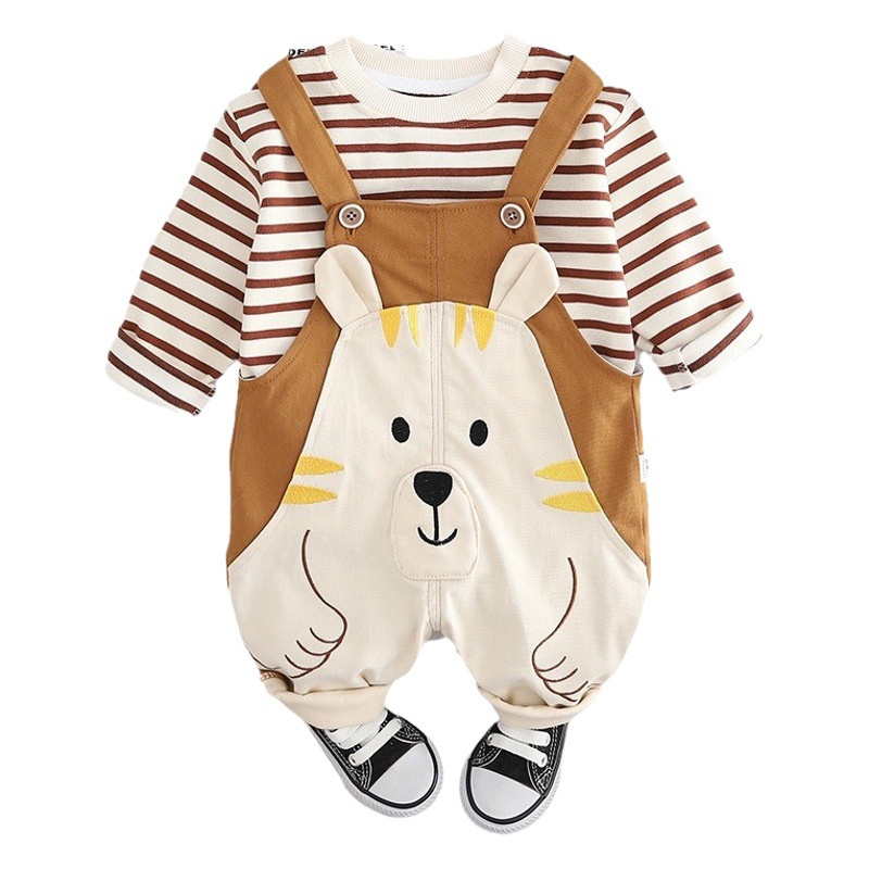 2024 spring and autumn new children's pullover sweater bear strap suit 0-5 year old boy Korean two-piece children's clothing