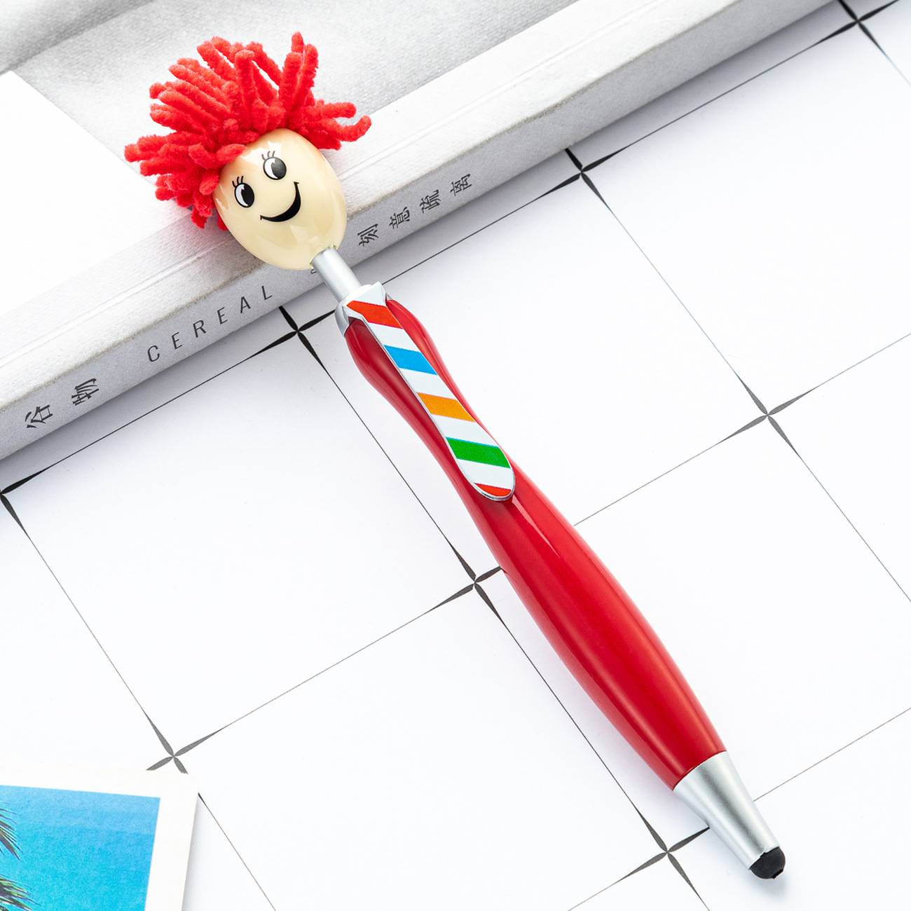 Picture of Cute plush doll head ballpoint pen printable logo three-dimensional cartoon smiley touch pen Christmas gift pen