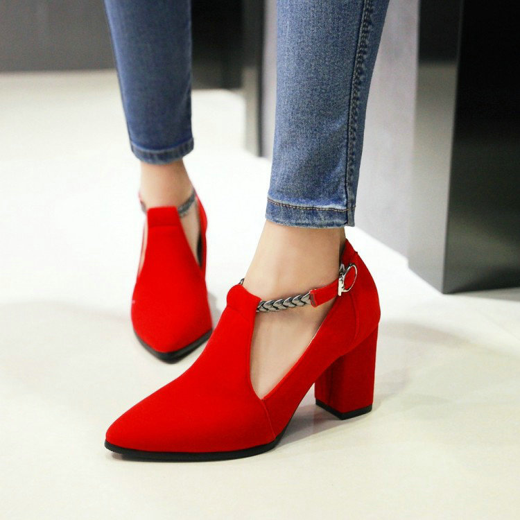 Korean Style Thick High Heel Women's Shoes High-grade Frosted Face Fashionable All-match Single-layer Shoes Red Pointed Wedding Shoes