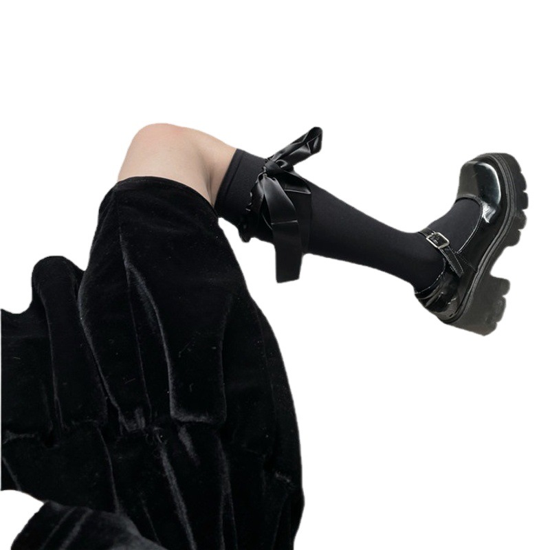 Cross-border New Ribbon Bow Stockings Academic Style JK Velvet Ribbon Girl Strap Socks