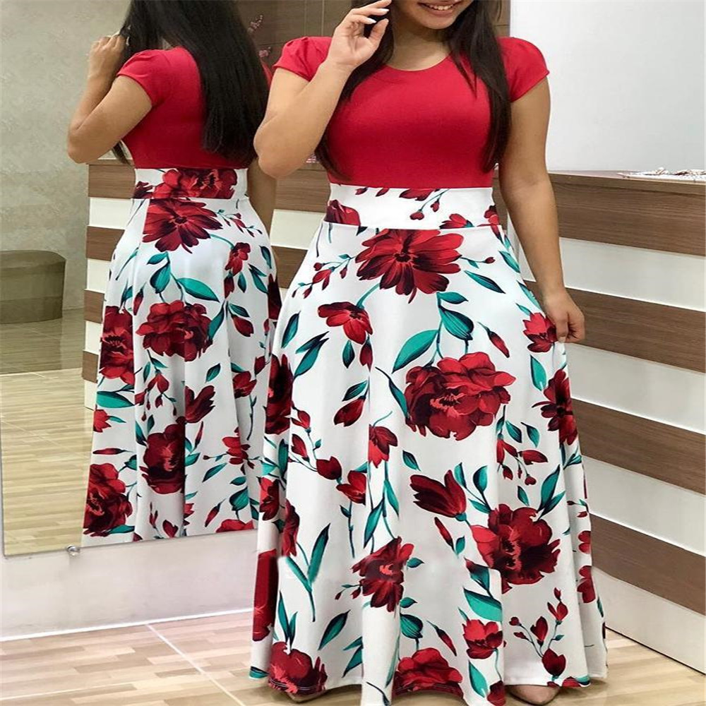 wish AliExpress hot sale popular European and American style flower print color matching dress long dress long sleeve women's clothing in stock