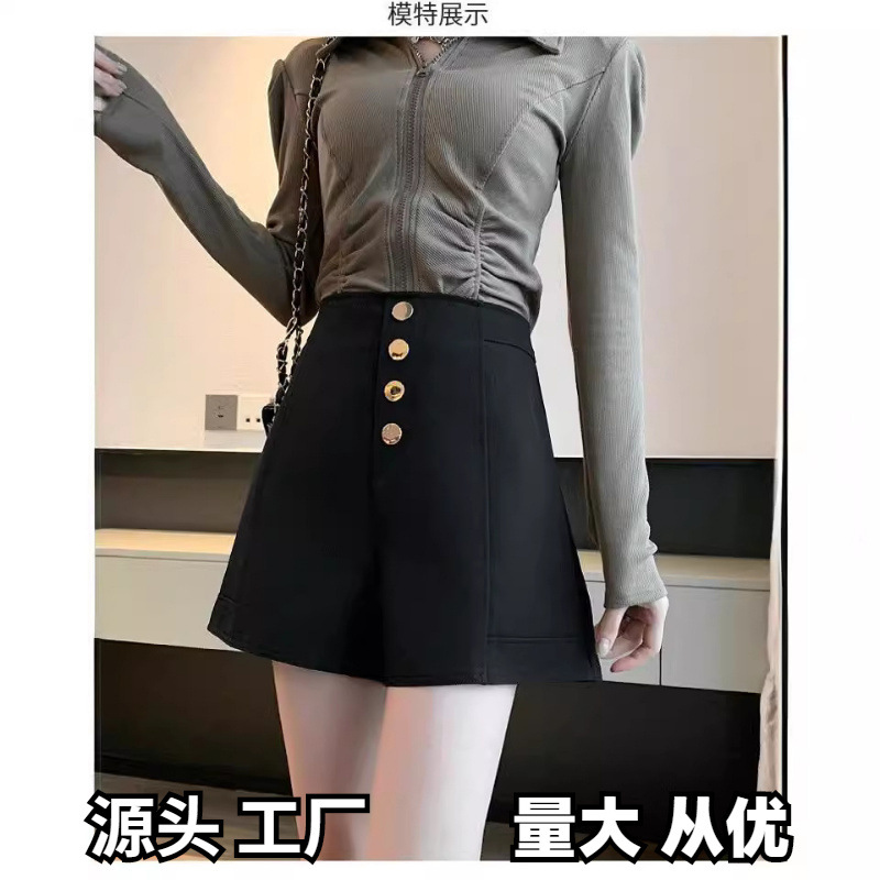 Single-breasted high-waisted black casual pants for female students in spring and summer Korean-style fashionable all-match wide-leg A- line shorts