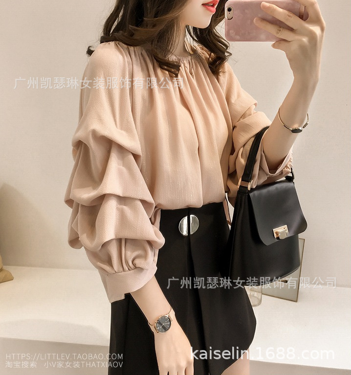 Picture of 2024 Spring and Autumn New Korean Style Elegant Off-Shoulder Chiffon Blouse for Women, Loose Bubble Top, Slimming Solid Color Trend