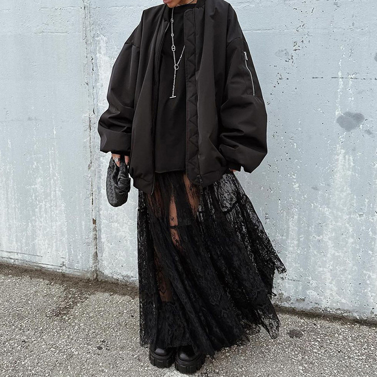 Picture of Sexy Lace See-Through High-Waist Commuter Black Skirt for Women Summer 2025 European and American Fashion Mesh Long Skirt Wholesale