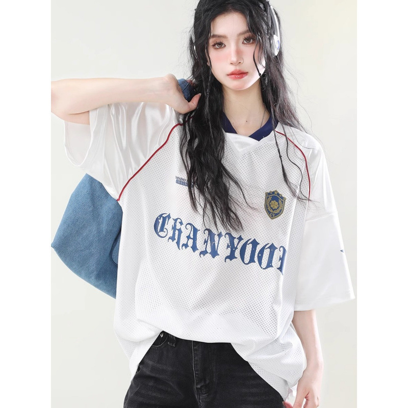 Chuanyan American Retro Raglan Color-Block Jersey Short-Sleeve T-Shirt Unisex Street V-Neck Oversize Trendy Top