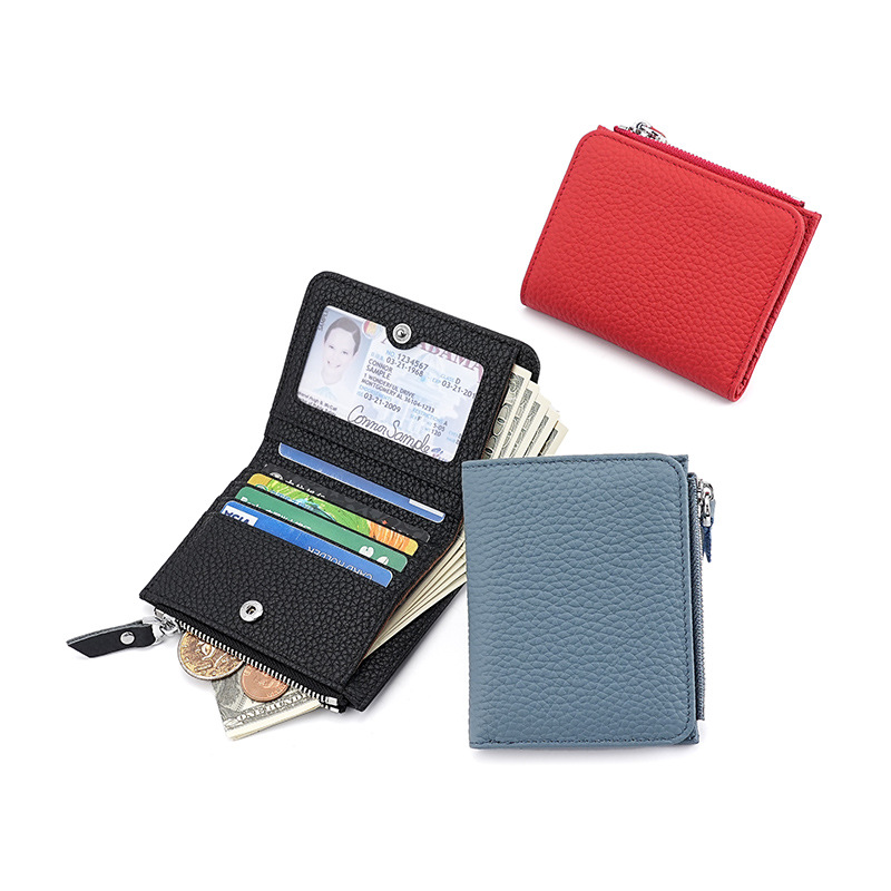 2024 New Cross-border Leather Wallet Women's Top Layer Cowhide Zipper Coin Purse RFID Anti-theft Brush Hidden Button Wallet