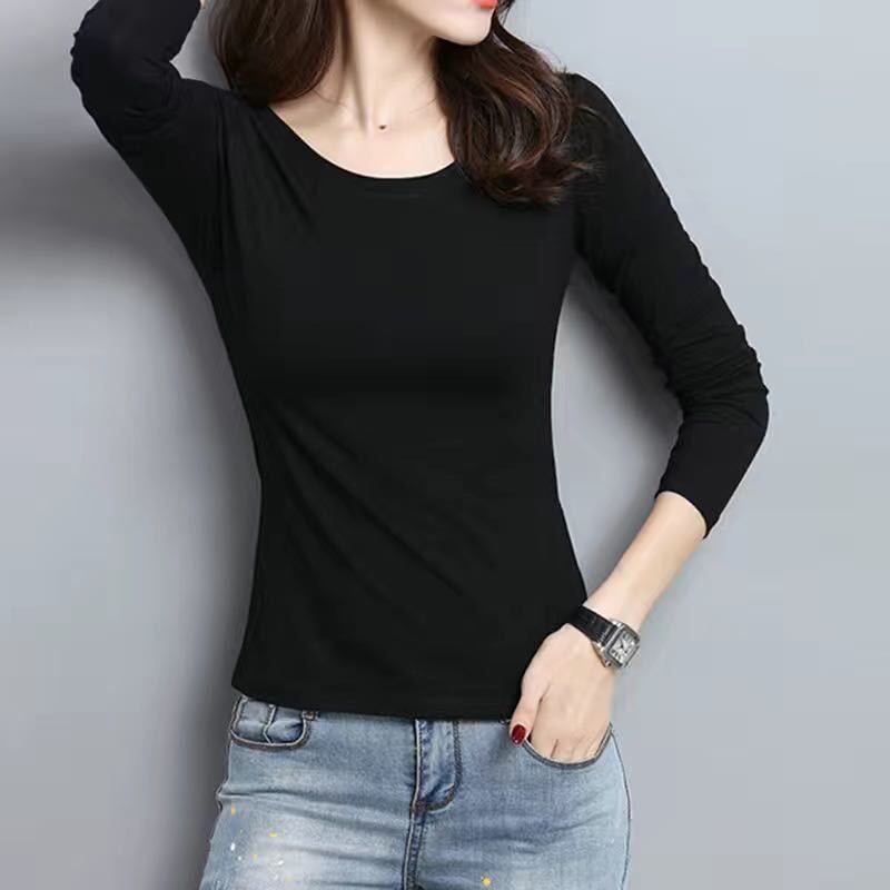 Picture of Women's Korean-Style Slim-Fit Long-Sleeve Base Shirt, Versatile Plus-Size Solid Color Top, Round Neck for Spring and Autumn