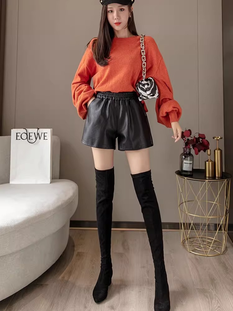 Pu Leather Shorts Women's Autumn and Winter 2023 New High-Waist Slim Wide-Leg Pants Loose Outer Wear A-Line Casual Shorts