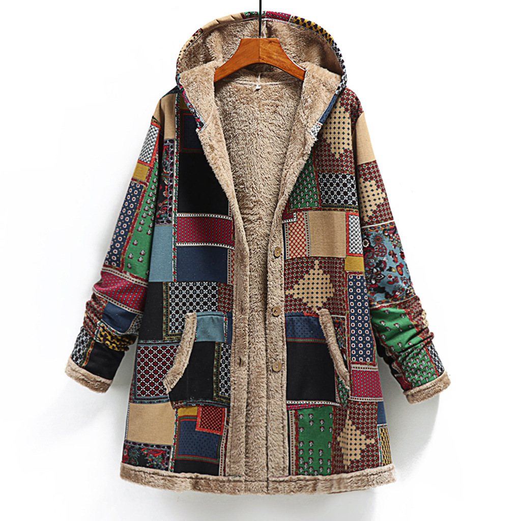 Picture of 2023 Winter Amazon Wish European and American New Women's Cotton and Linen Printed Hooded Sweatshirt Warm Stuffed Jacket
