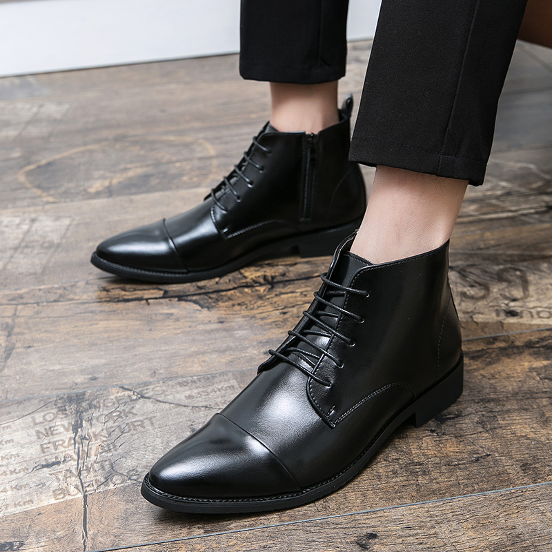 Cross-border plus size Fashion Teenager Lace-up High-top Martin Boots British Style Men's Pointed Toe Zipper Dress Boots