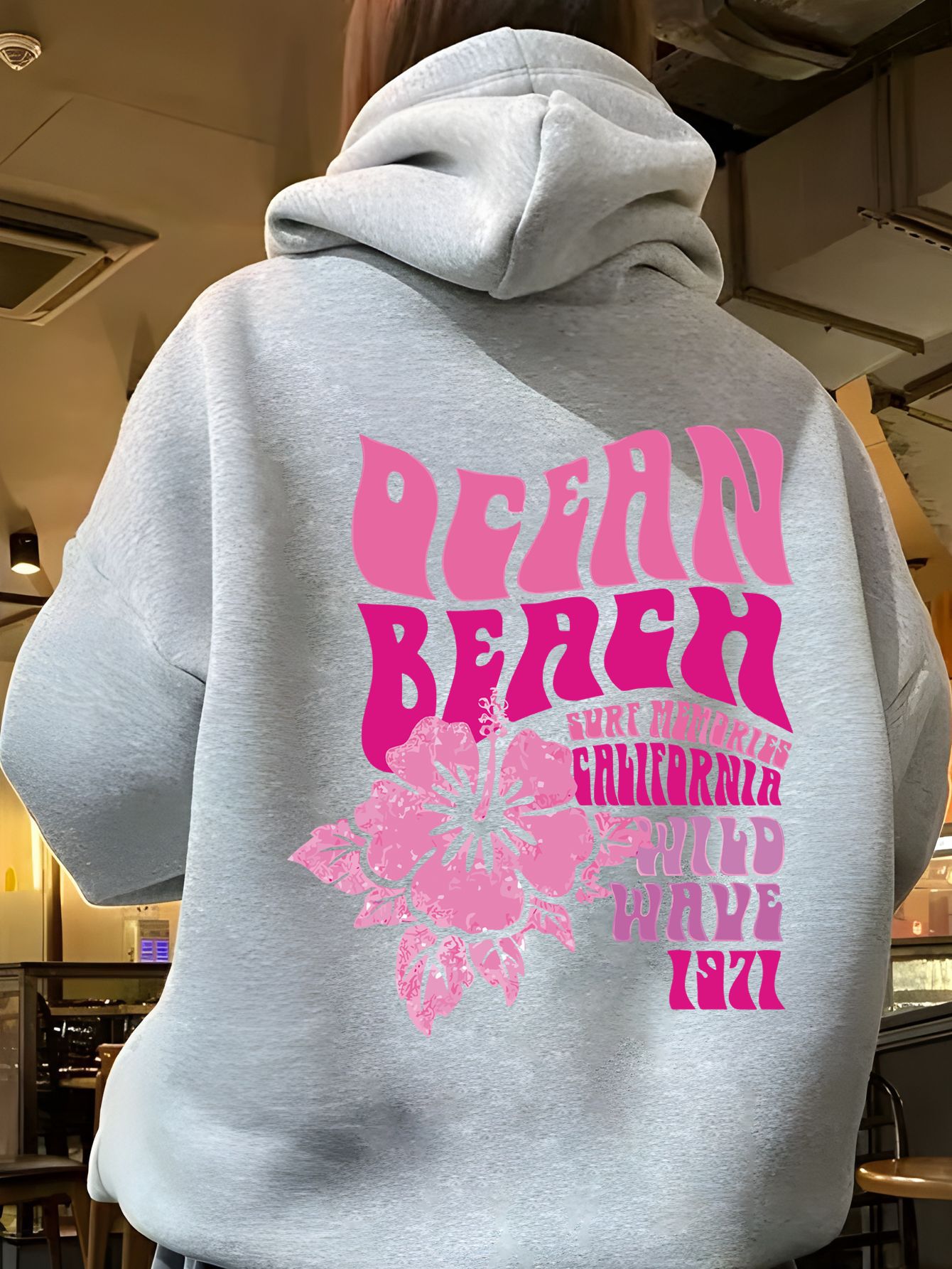 Women's casual pink floral monogram print hooded sweatshirt