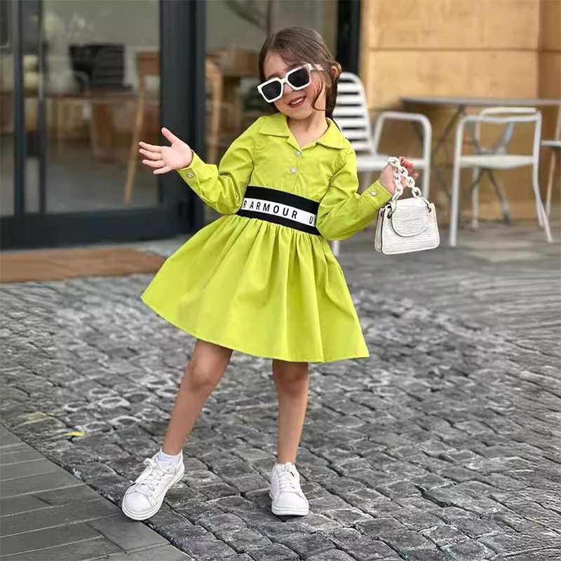 M8094 Cross-border Children's Wear Girls' Dress 2024 New Alphabet Elastor Stitching Large Hem Lining Dress Ins Girls