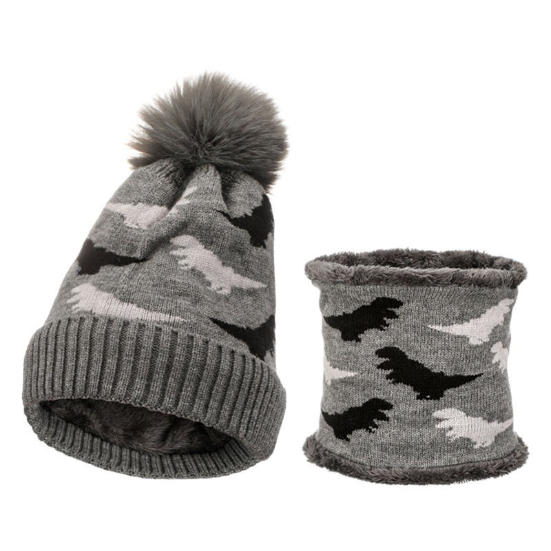 Amazon winter new children's knitted hat scarf two-piece jacquard dinosaur wool cap plus velvet warm suit