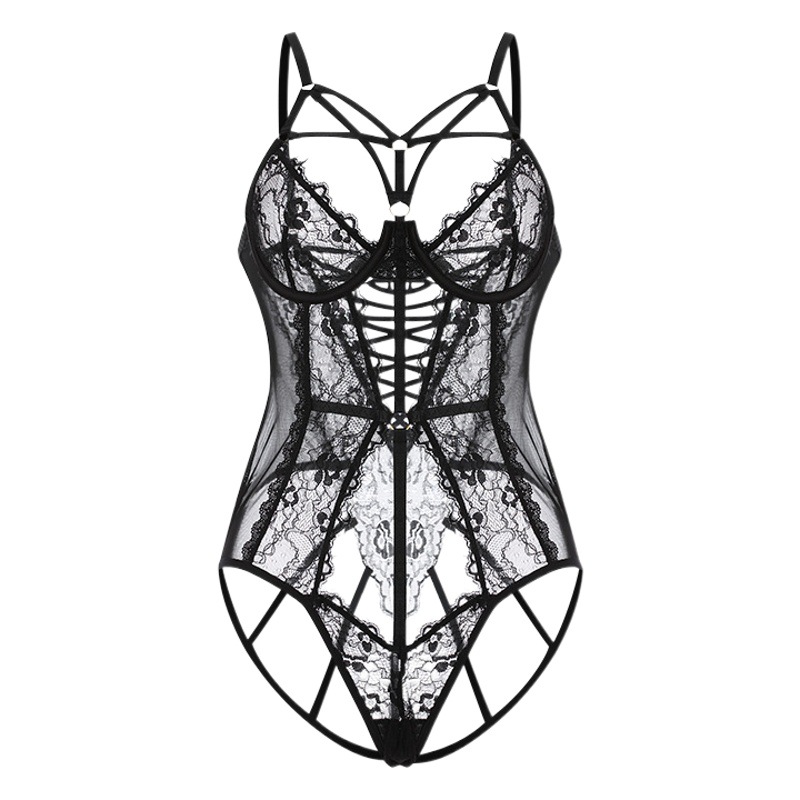 Guiruo Sexy Lingerie, Feminine Cut Out Temptation Steel Ring Gathered Hot See-Through Jumpsuit Uniform Suit 1409
