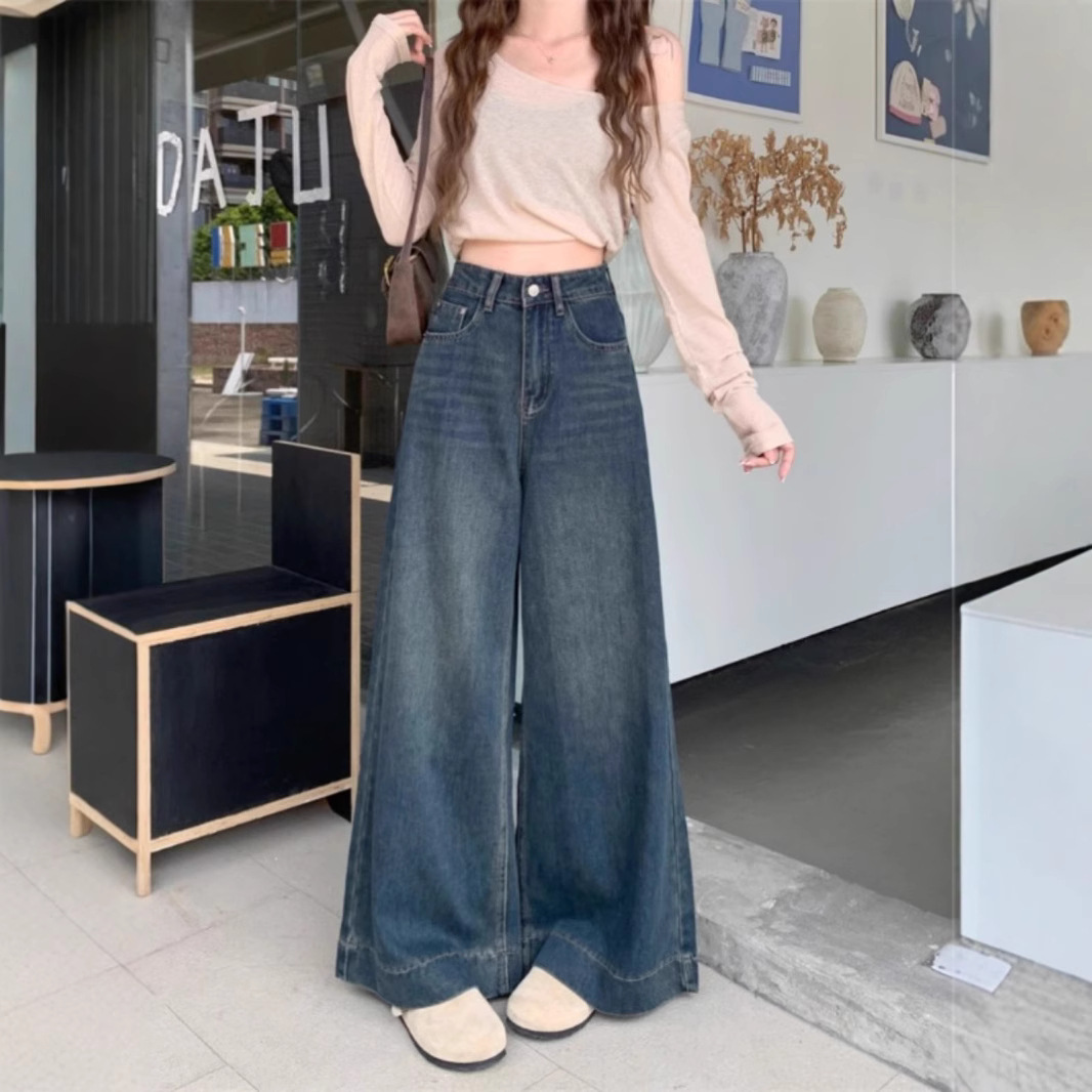 plus size Retro Hong Kong Style High-end Jeans Women's Autumn New High Waist Straight Leg Pants chubby girl Slimming Wide Leg Pants