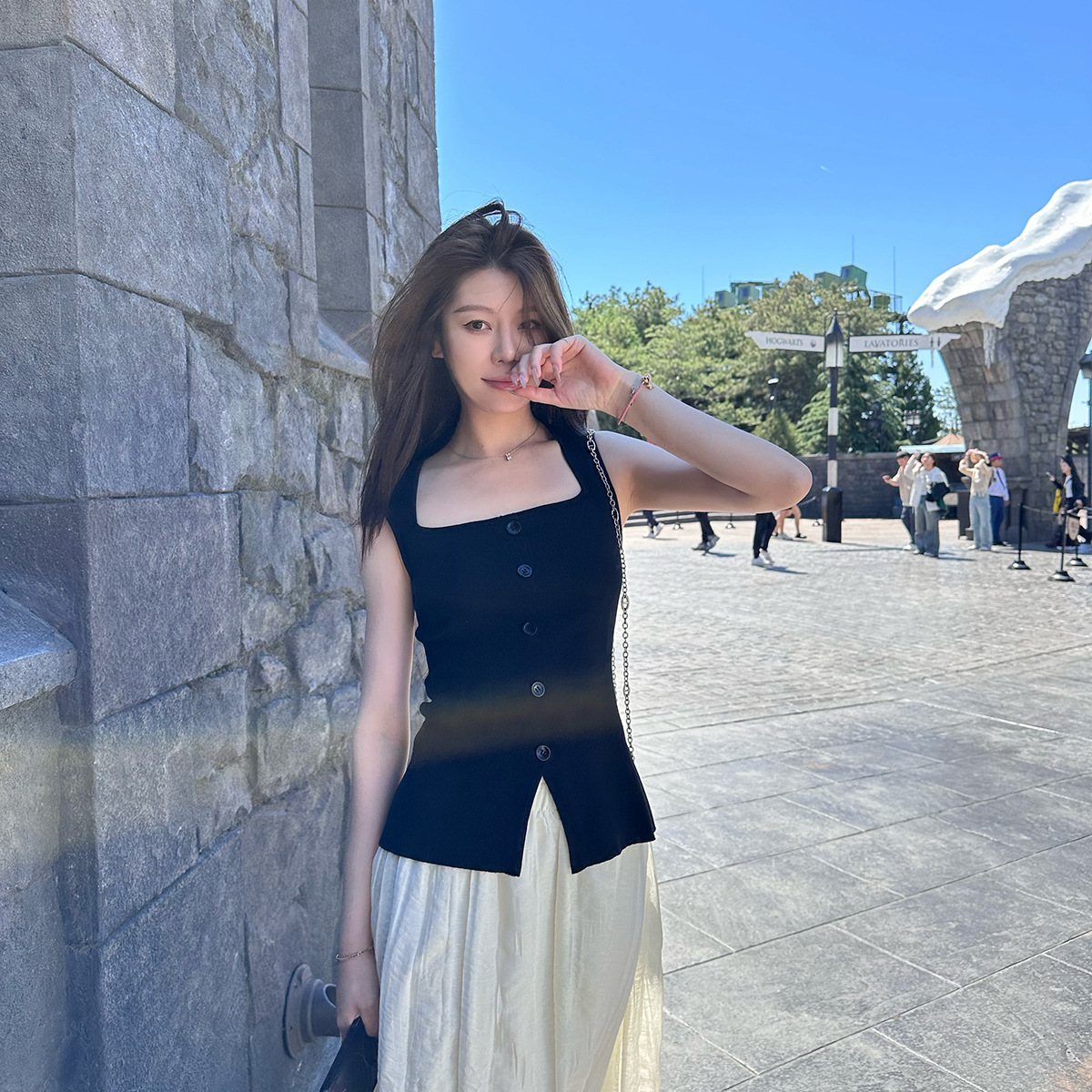 Single-breasted Elegant Square Collar Knitted Sleeveless Vest Women's 2024 Summer New Split Slim-fit Slim-fit Sling Top