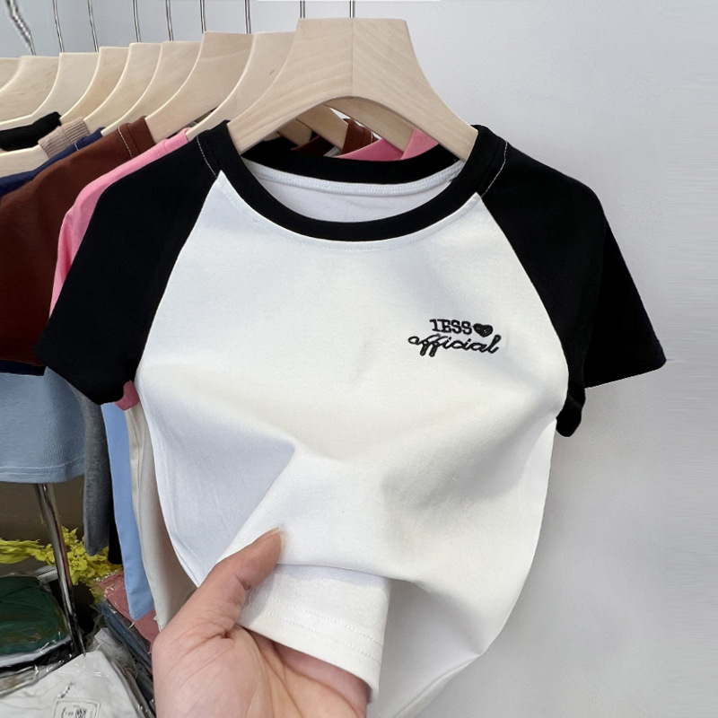 2023 New Summer Style Right Shoulder Short-Sleeved T-Shirt for Women American Embroidered Thin T-Shirt Short Slim Top Ins