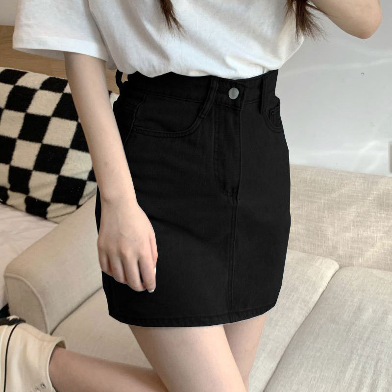 Solid Color Denim Skirt Women's Summer Thin A- line Skirt Simple All-match Western Style High Waist Hip Ins Style Short Skirt