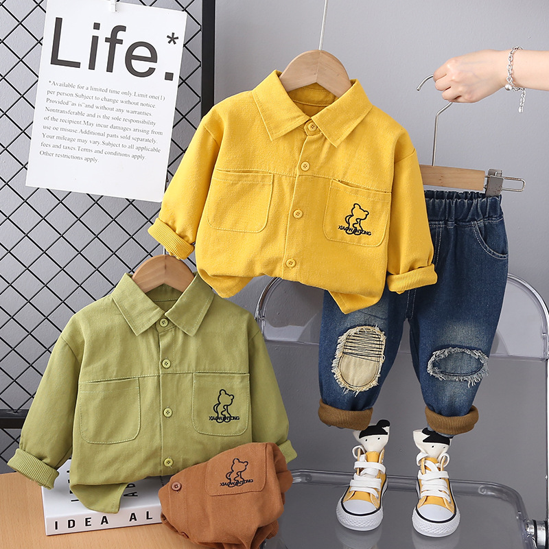 Children's Cartoon Autumn Printed Shirt Long-sleeved suit 2024 New Boys' Casual Denim Trousers Two-piece Set Trendy