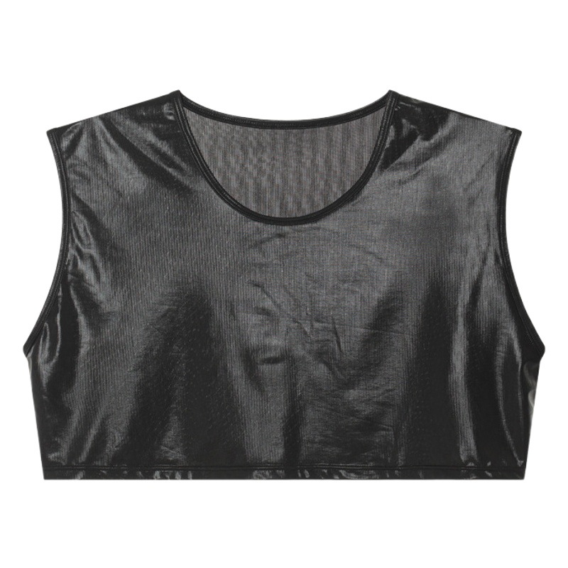 Men's Short Vest Sexy Imitation Leather Round Neck Sleeveless Stage Catwalk Tight Sports GAY GAY High Elastic Vest