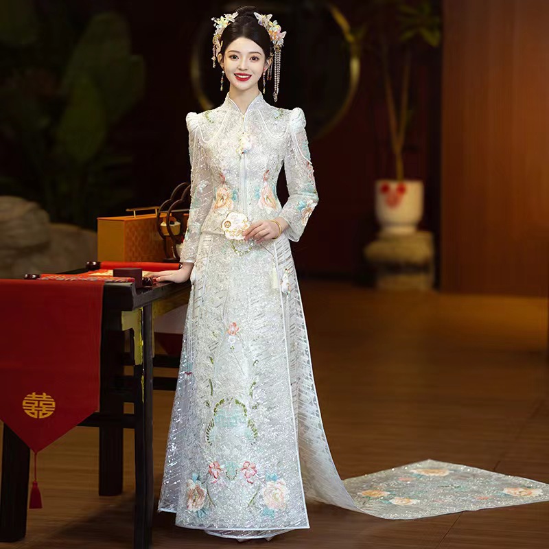 Picture of Regal Thousand Jin Fairy Diamond Beads Hand Embroidered 23 Years New Silver Xiuhe Suit Chinese Bride Toast to Marry High Grade