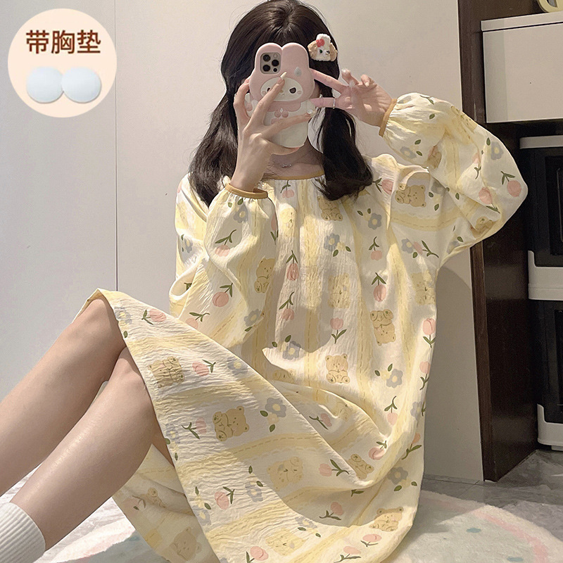Printed Nightgown with Chest Pad Women's Spring and Autumn Round Neck Long-Sleeved Women's Casual Home Clothes Outer-Wearing Midi Skirt