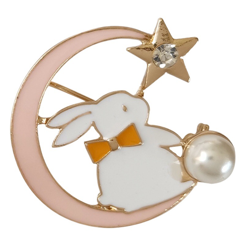Picture of Japanese and Korean Style ins Pearl Moon Cartoon Bunny Brooch Sweet Cute All-match Metallic Decorative H3901