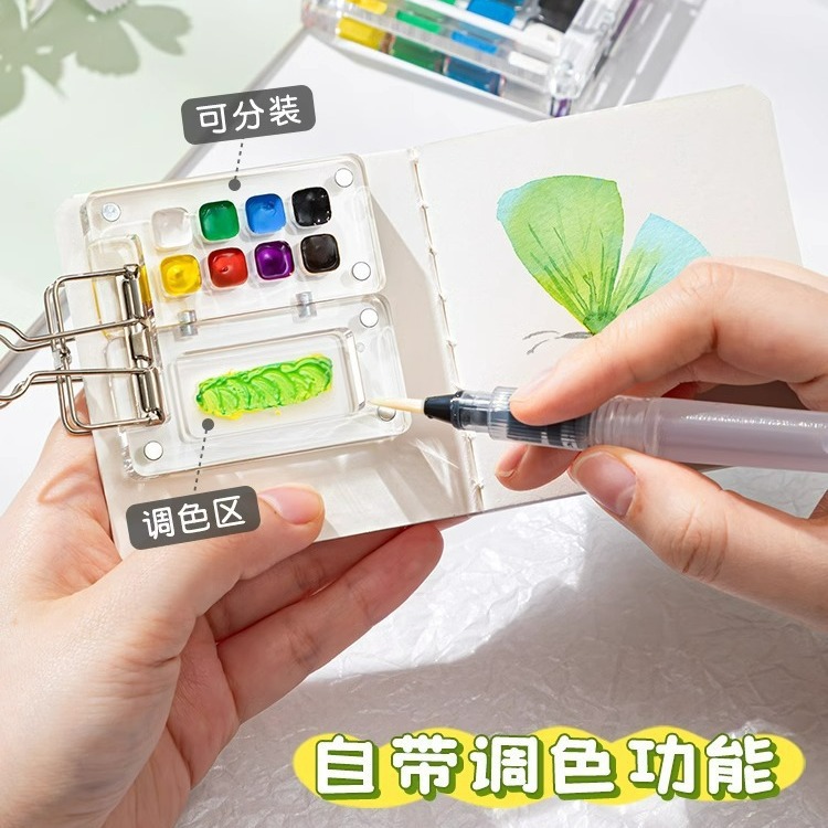 Picture of Mini watercolor paint walnut box acrylic box portable hand ledger sketching travel painting book color palette