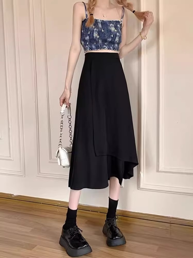 Black Irregular Skirt Women's Spring High Waist A- Line Mid-Length Skirt Hepburn 2024 New Umbrella Skirt Bag Skirt