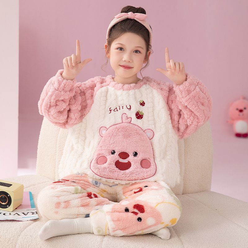 Girl's Pajamas Coral Fleece Winter fleece-lined Thickened Little Girl's Cute Round Neck Children's Flannel Home Clothes suit