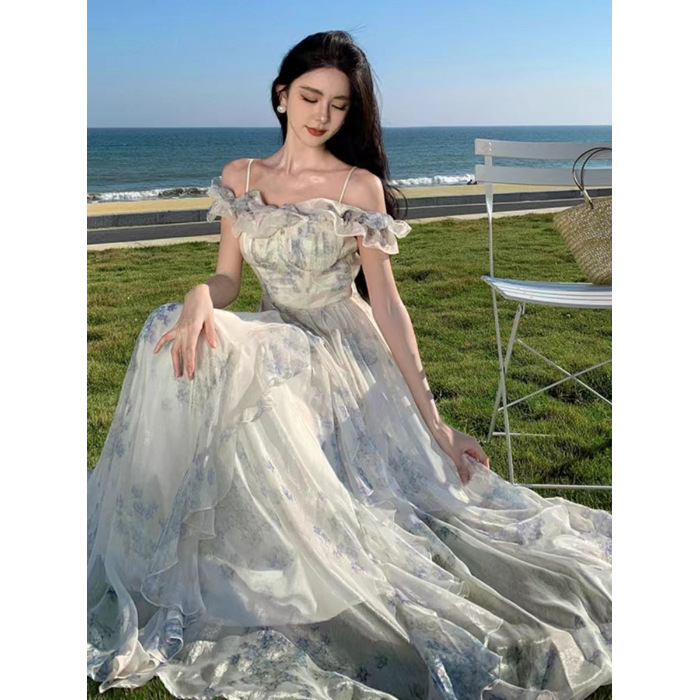 Picture of Seaside Holiday Style Suspender Dress Yarn French Ruffled Beach dress Atmosphere Long Dress Elegant Fairy Style