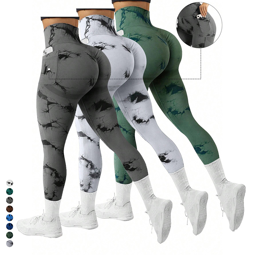 Cross-border New Tie-dyed Side Pocket Yoga Pants Long Naked-feeling Running Sports Fitness Clothes Hip Yoga Pants for Women