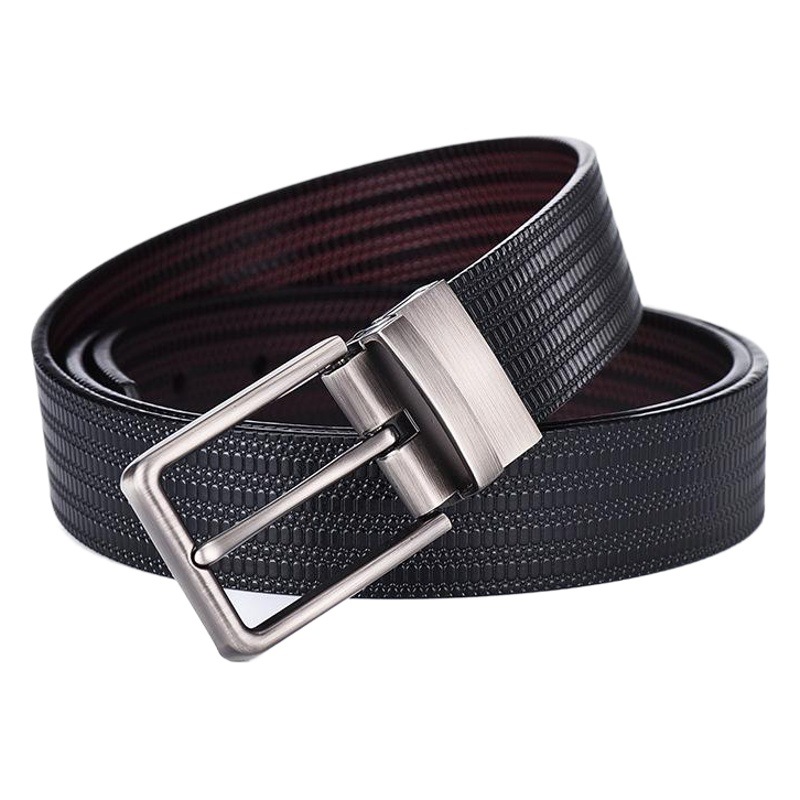 New business rotary buckle men's leather belt men's leather large rice grain embossed pants belt cowhide belt