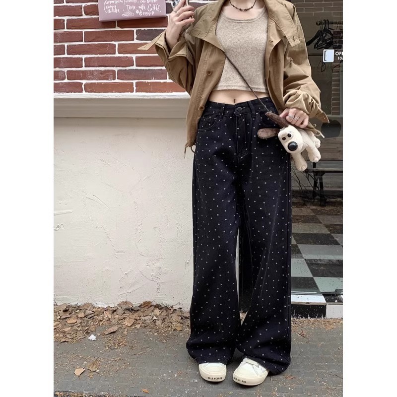 Black Floral Poll Dot Loose Jeans Women's Summer 2024 New Retro Wide Leg Pants High Waist Mop Pants
