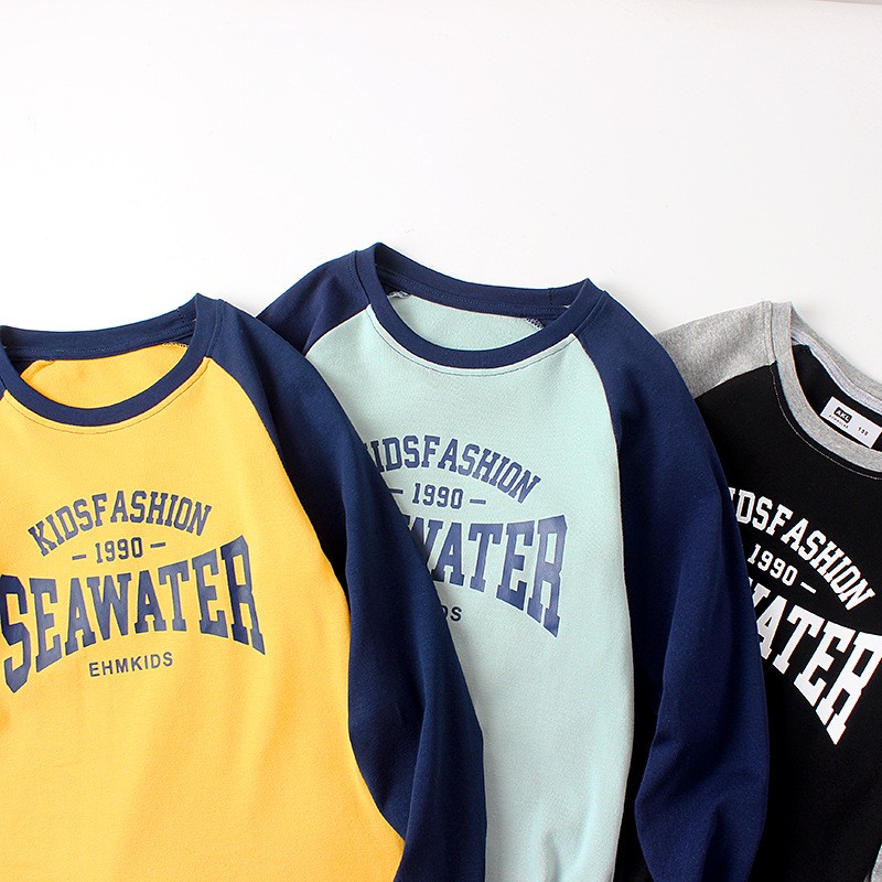 Picture of Spring and Autumn Korean Style New Children's Long-sleeved T-shirt Large Children's All-match Raglan Cotton Cashmere Top Boys' Base Shirt