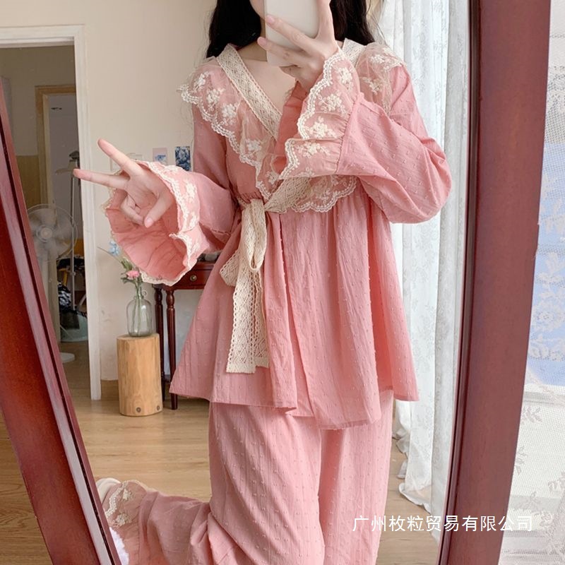 Pajamas women's new spring and autumn new long sleeve lace Japanese kimono new loungewear ruffles can be worn outside
