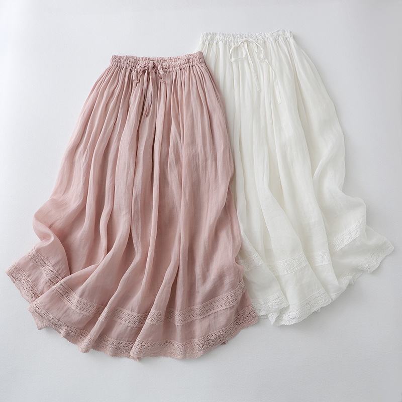 Spring and Summer Thin Cotton and Linen Skirt for Women, Artistic Mori Style A-Line Slimming Elastic Waist Double-Layer Long Skirt with Embroidery Umbrella Skirt Fairy