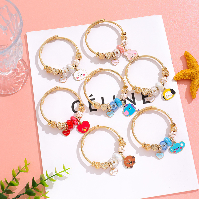 Pan's Stainless Steel Bracelet Female Trendy DIY Student Youth Group Cartoon Heart Gold Crystal Bracelet Open Bracelet
