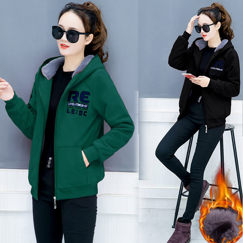 Thickened Velvet Hooded Zipper Sweatshirt for Women Autumn and Winter New Korean Style Preppy Style Fashion Cardigan Loose Jacket for Women