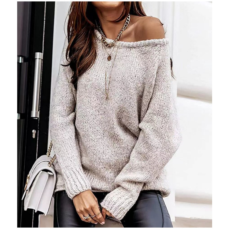 Picture of Cross-Border Amazon Autumn and Winter Off-Shoulder Sexy Round Neck Pullover Sweater Solid Color Casual Loose Large Size Sweater for Women