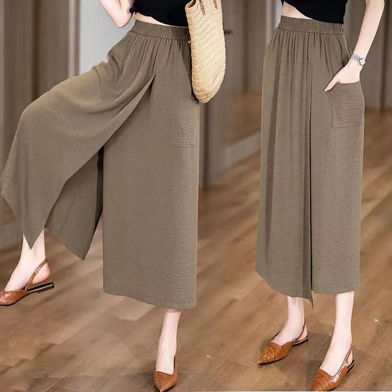 Summer Thin Loose High Waist Split Lazy Style Casual Culottes Thigh Thick and Slim Eight-point Wide-leg Pants for Women