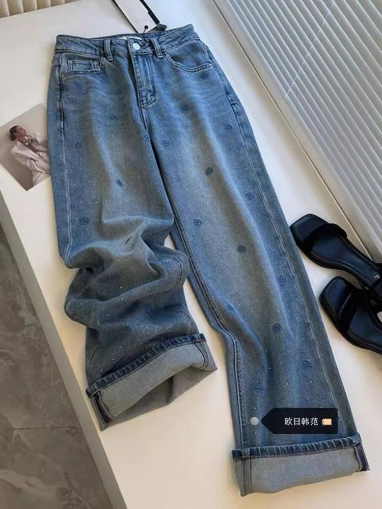 European Retro Blue Rose Embroidered Rhinestone Jeans for Women Summer New High-Waisted Slim Straight Pants Cross-Border