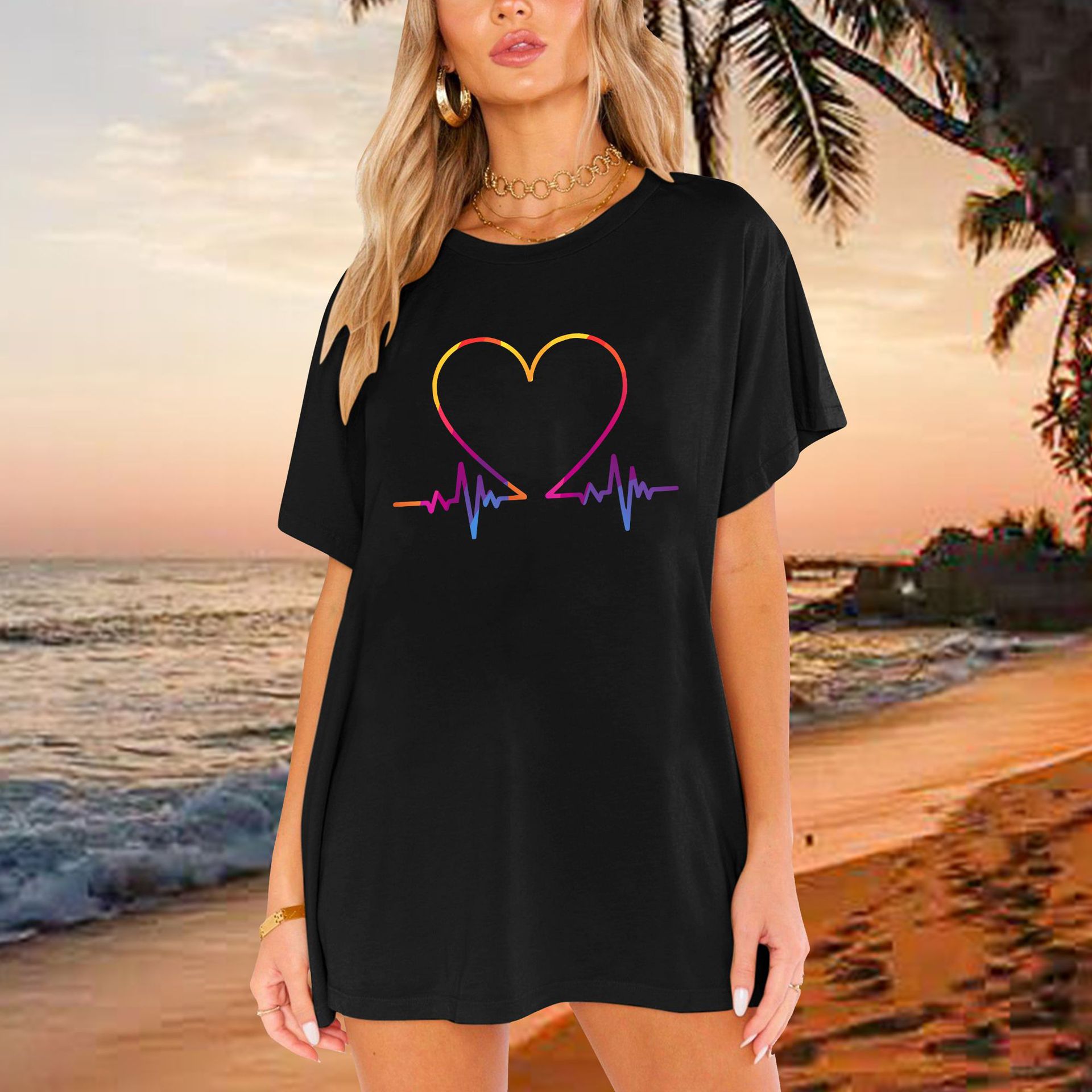 2022 Spring AliExpress New shirt Shoulder Color Love ECG T-shirt Loose Pattern Women's T-shirt