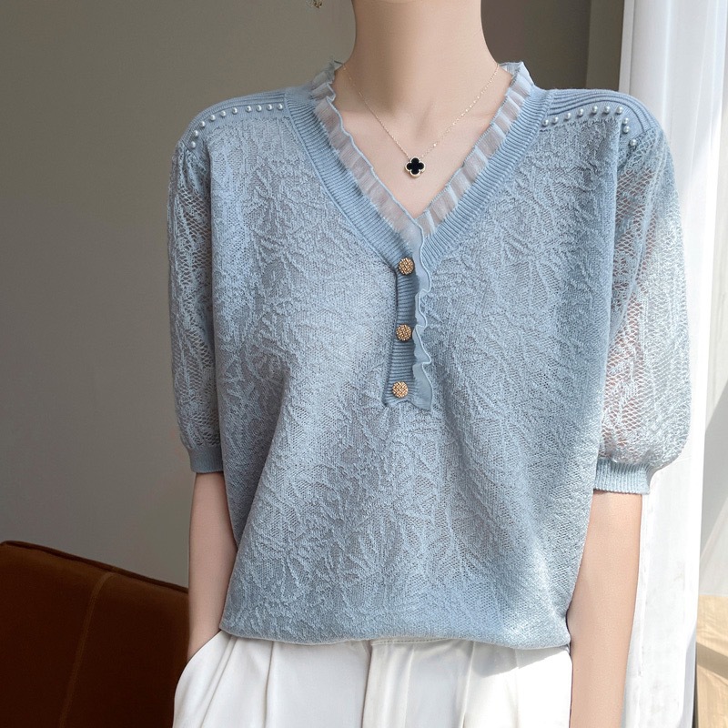 French Crochet Cut Out V Neck Beading Design Ice Silk Knitted Short-Sleeved T-Shirt for Women Casual Loose Versatile Top