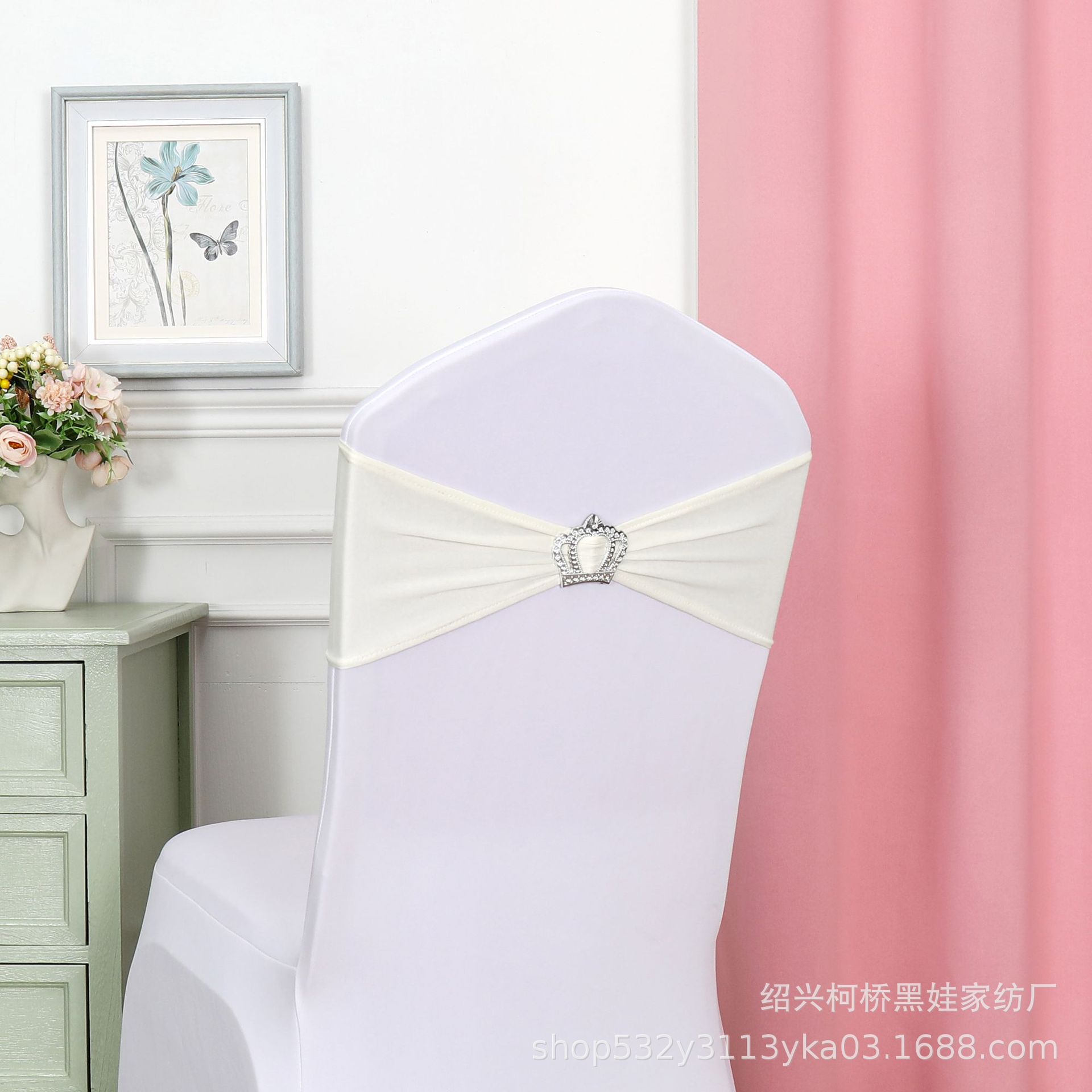 Picture of Chair Back Flower Bow Crown Diamond Buckle Elastic Banquet Chair Set Decoration Free Wedding Strap Ribbon Wedding Ribbon
