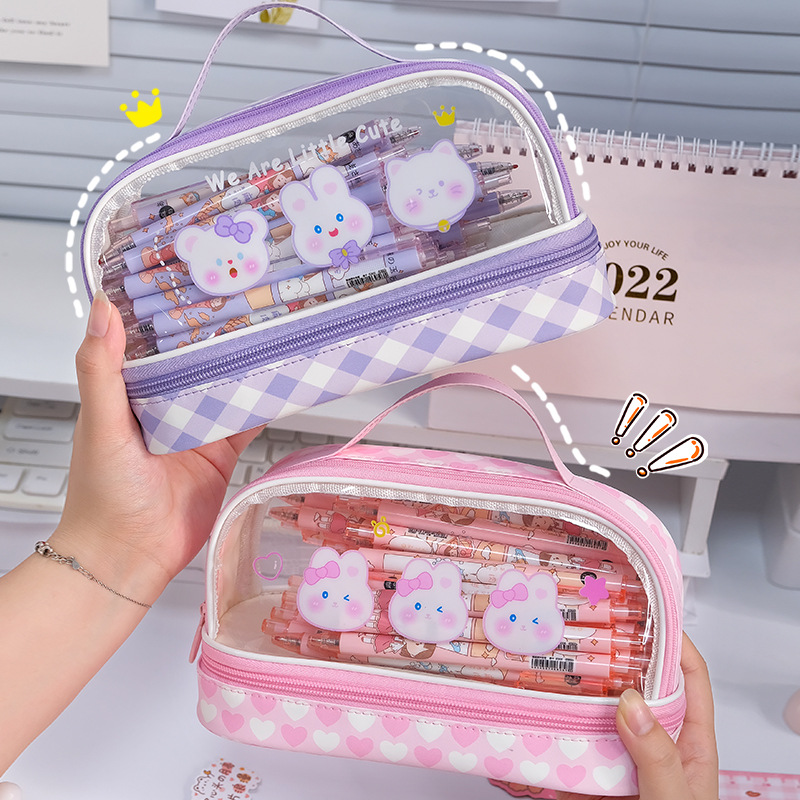 Double-Layer Cute Transparent Pencil Case, Large Capacity, High School and College Entrance Examination Pencil Case, Large Capacity, Stain-Resistant, High-Looking Portable Pencil Case