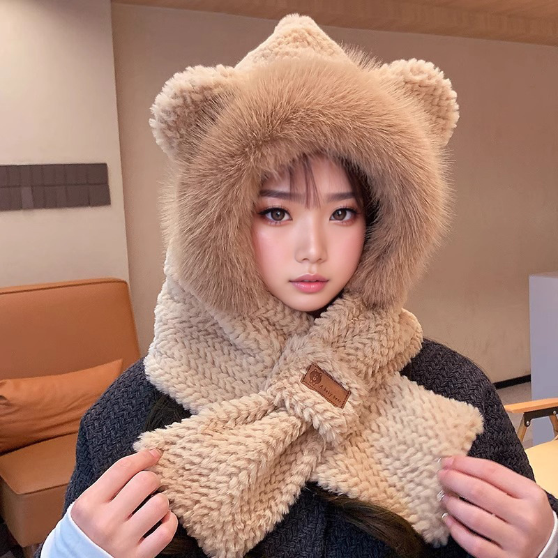 Picture of Cute Bear Hat Gloves Three-in-One Scarf Plush Hat Winter Riding Women's Easy Outdoor High-Level Warm Hat