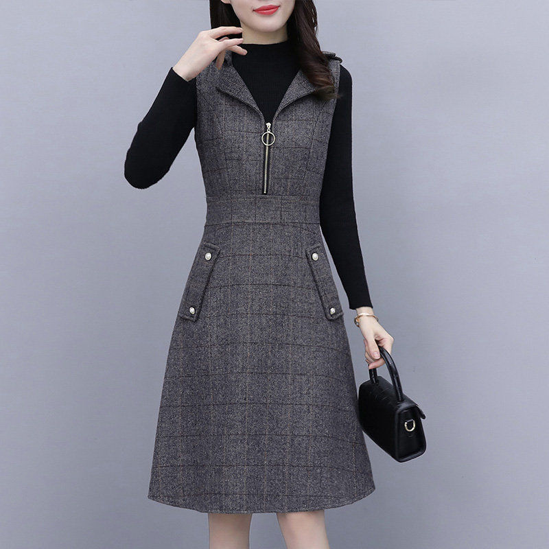 Picture of Single Piece/suit Vest Dress Women's Autumn and Winter Wool Plaid Sleeveless dress Outer Wear Slimming Mid-length A- line Dress