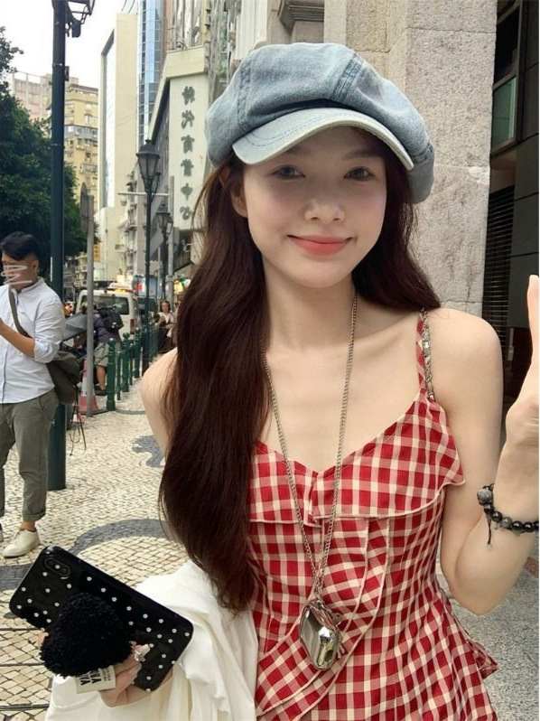 French Hot Girl Red Plaid Camisole Women's Summer Ruffled Irregular Seaside Vacation Top Outer Wear