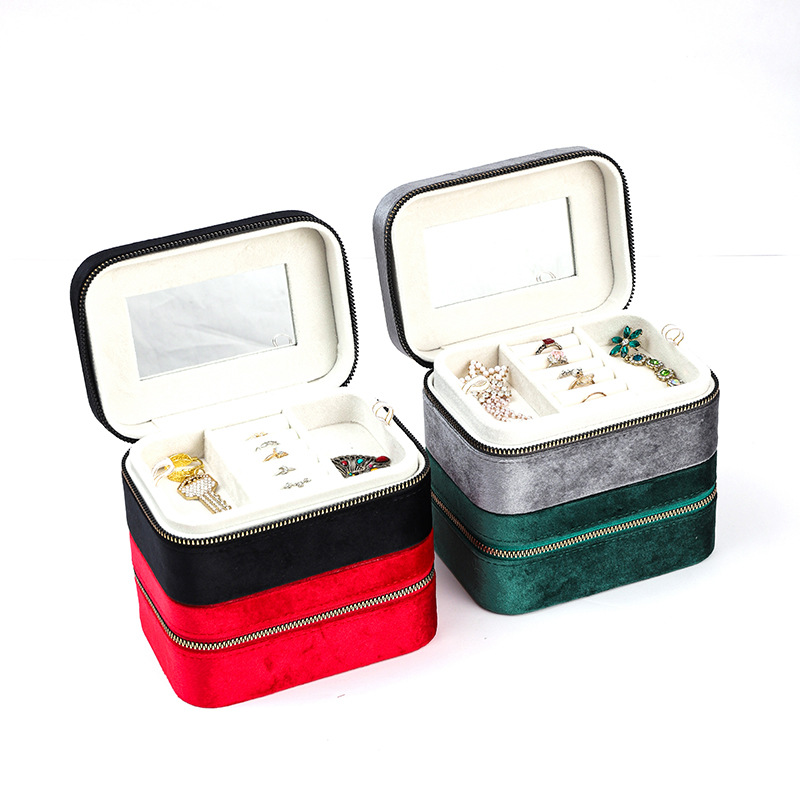 Portable Korean Velvet Multifunctional Mirror Storage Box Ring Earrings Jewelry Zipper Bag Jewelry High-End Jewelry Box